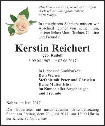 Traueranzeige von Kerstin Reichert von Thüringer Allgemeine, Thüringische Landeszeitung
