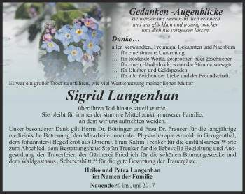 Traueranzeige von Sigrid Langenhan von Ostthüringer Zeitung, Thüringische Landeszeitung