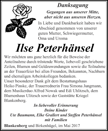 Traueranzeige von Ilse Peterhänsel von Ostthüringer Zeitung