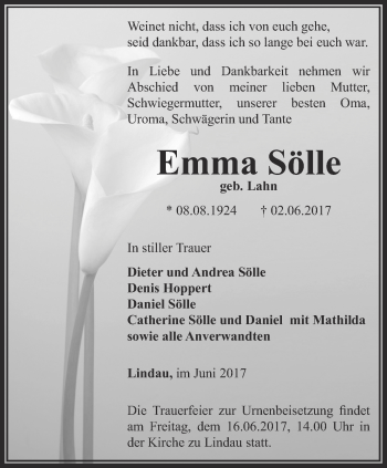 Traueranzeige von Emma Sölle von Ostthüringer Zeitung