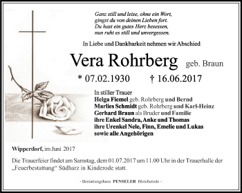 Traueranzeige von Vera Rohrberg von Thüringer Allgemeine