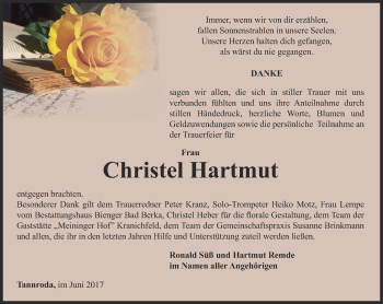 Traueranzeige von Christel Hartmut von Thüringer Allgemeine, Thüringische Landeszeitung