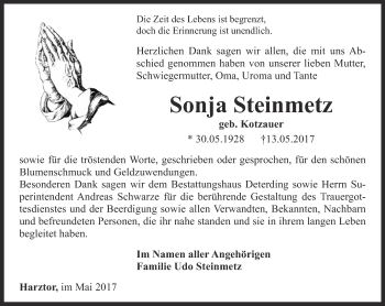 Traueranzeige von Sonja Steinmetz von Thüringer Allgemeine