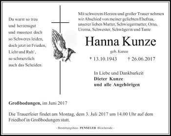 Traueranzeige von Hanna Kunze von Thüringer Allgemeine