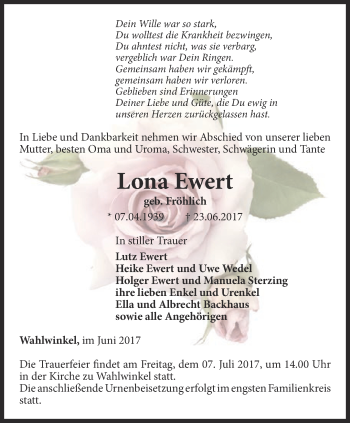 Traueranzeige von Lona Ewert von Ostthüringer Zeitung, Thüringische Landeszeitung