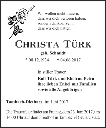 Traueranzeige von Christa Türk von Ostthüringer Zeitung, Thüringische Landeszeitung