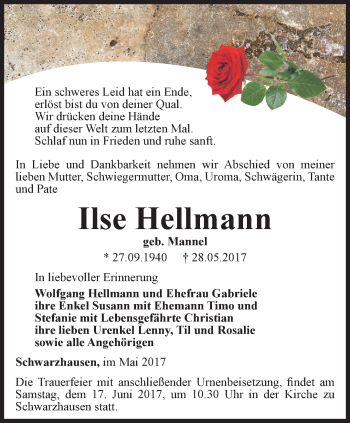 Traueranzeige von Ilse Hellmann von Ostthüringer Zeitung, Thüringische Landeszeitung