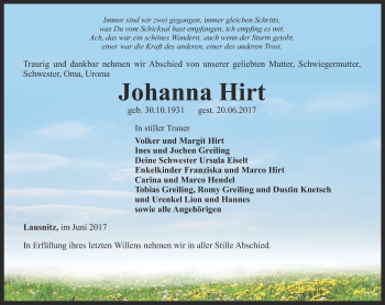 Traueranzeige von Johanna Hirt von Ostthüringer Zeitung