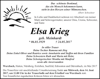 Traueranzeige von Elsa Krieg von Ostthüringer Zeitung