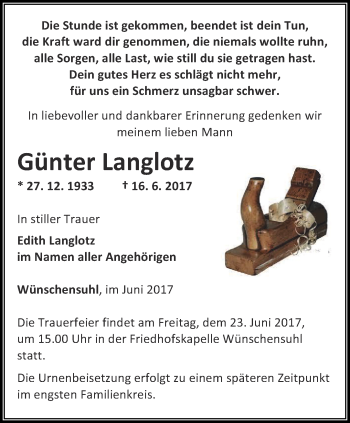 Traueranzeige von Günter Langlotz von Thüringer Allgemeine, Thüringische Landeszeitung