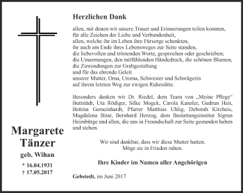 Traueranzeige von Margarete Tänzer von Thüringer Allgemeine, Thüringische Landeszeitung