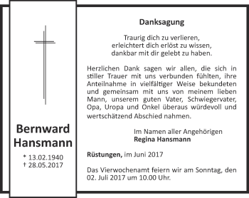 Traueranzeige von Bernward Hansmann von Thüringer Allgemeine
