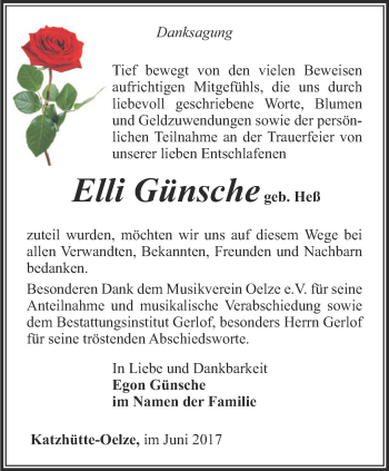 Traueranzeige von Elli Günsche von Ostthüringer Zeitung