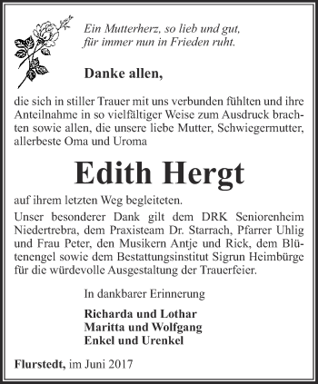 Traueranzeige von Edith Hergt von Thüringer Allgemeine, Thüringische Landeszeitung
