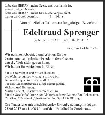 Traueranzeige von Edeltraud Sprenger von Ostthüringer Zeitung