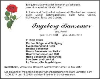 Traueranzeige von Ingeborg Bansemer von Thüringer Allgemeine, Thüringische Landeszeitung