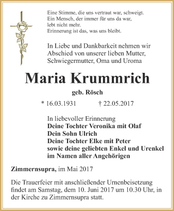 Traueranzeige von Maria Krummrich von Thüringer Allgemeine, Thüringische Landeszeitung