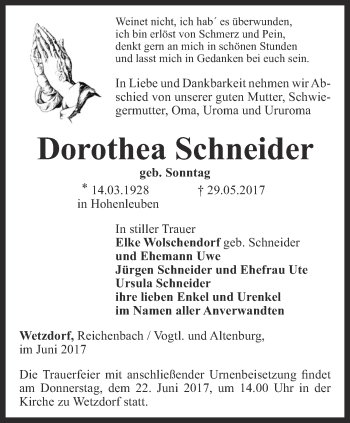 Traueranzeige von Dorothea Schneider von Ostthüringer Zeitung