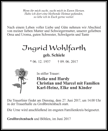 Traueranzeige von Ingrid Wohlfarth von Thüringer Allgemeine