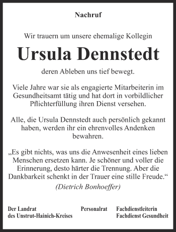 Traueranzeige von Ursula Dennstedt von Thüringer Allgemeine, Thüringische Landeszeitung
