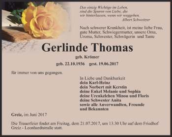 Traueranzeige von Gerlinde Thomas