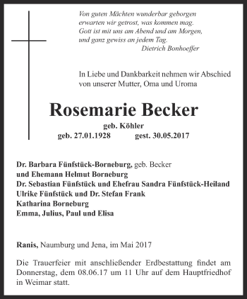 Traueranzeige von Rosemarie Becker von Thüringer Allgemeine, Thüringische Landeszeitung