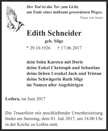 Traueranzeige von Edith Schneider von Ostthüringer Zeitung