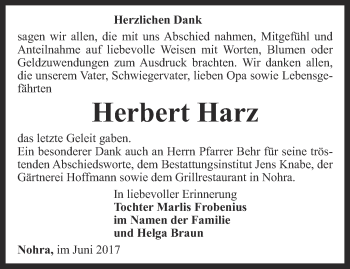 Traueranzeige von Herbert Harz von Thüringer Allgemeine, Thüringische Landeszeitung