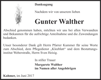 Traueranzeige von Gunter Walther von Ostthüringer Zeitung