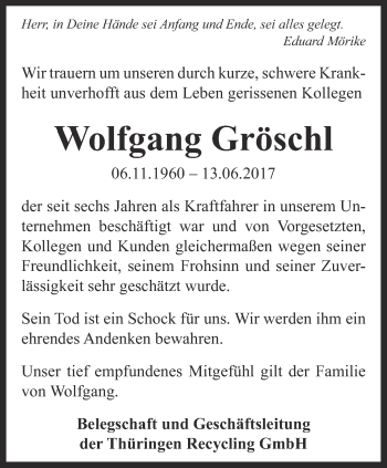 Traueranzeige von Wolfgang Gröschl von Thüringer Allgemeine, Thüringische Landeszeitung