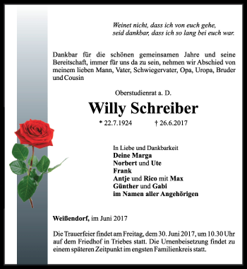 Traueranzeige von Willy Schreiber von Ostthüringer Zeitung