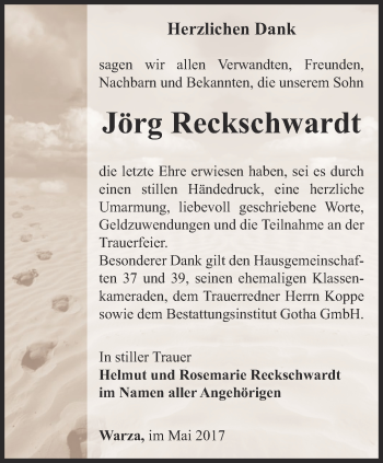 Traueranzeige von Jörg Reckschwardt von Ostthüringer Zeitung, Thüringische Landeszeitung