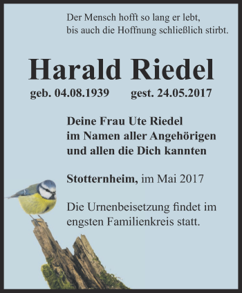 Traueranzeige von Harald Riedel von Thüringer Allgemeine, Thüringische Landeszeitung