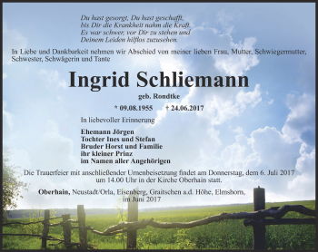 Traueranzeige von Ingrid Schliemann von Ostthüringer Zeitung