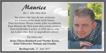 Traueranzeige von Maurice Kraus von Thüringer Allgemeine