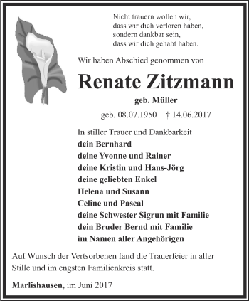 Traueranzeige von Renate Zitzmann von Thüringer Allgemeine