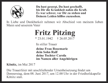 Traueranzeige von Fritz Pitzing von Ostthüringer Zeitung