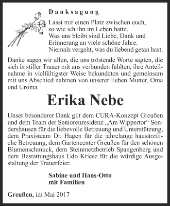 Traueranzeige von Erika Nebe von Thüringer Allgemeine