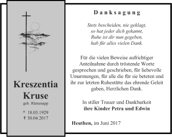 Traueranzeige von Kreszentia Kruse von Thüringer Allgemeine