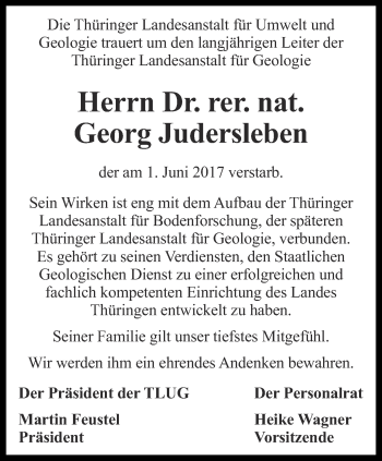 Traueranzeige von Georg Judersleben von Ostthüringer Zeitung, Thüringische Landeszeitung