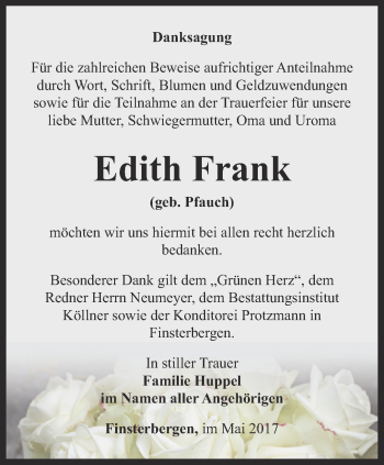 Traueranzeige von Edith Frank von Ostthüringer Zeitung, Thüringische Landeszeitung