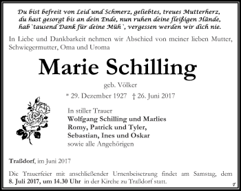 Traueranzeige von Marie Schilling von Thüringer Allgemeine