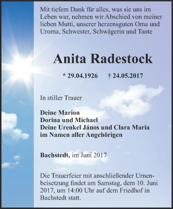 Traueranzeige von Anita Radestock von Thüringer Allgemeine, Thüringische Landeszeitung