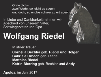 Traueranzeige von Wolfgang Riedel von Thüringer Allgemeine, Thüringische Landeszeitung