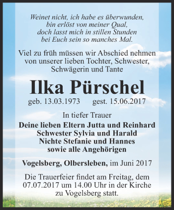 Traueranzeige von Ilka Pürschel von Thüringer Allgemeine