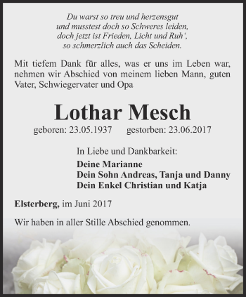 Traueranzeige von Lothar Mesch von Ostthüringer Zeitung