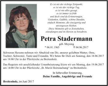 Traueranzeige von Petra Stadermann von Thüringer Allgemeine