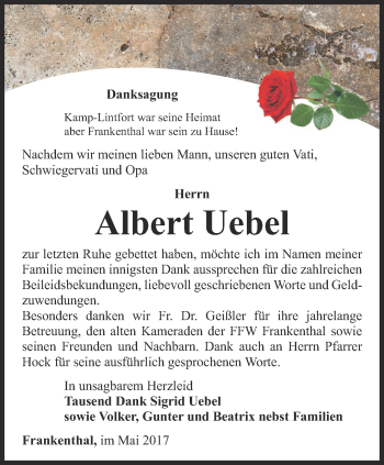 Traueranzeige von Albert Uebel von Ostthüringer Zeitung