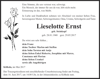 Traueranzeige von Lieselotte Ernst von Thüringer Allgemeine