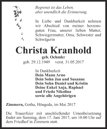 Traueranzeige von Christa Kranhold von Thüringer Allgemeine, Thüringische Landeszeitung